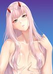  aqua_eyes bangs blue_background breasts breasts_apart collarbone commentary_request darling_in_the_franxx eyeshadow gradient gradient_background hair_censor hand_in_hair head_tilt horns long_hair looking_at_viewer makeup medium_breasts nude parted_lips pink_hair shiny shiny_skin simple_background solo upper_body zero_two_(darling_in_the_franxx) zucchini 