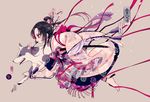  animal barefoot black_hair bow dog flowers japanese_clothes long_hair maruino petals ribbons sword translation_request weapon 
