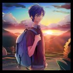  akiyoshi_(tama-pete) backpack bag blue_hair brown_shirt clenched_hand closed_eyes cloud cloudy_sky cowboy_shot day fingernails flower frame grass kaito lamppost male_focus mountain outdoors pants rural shirt sky smile solo sun sunflower sunlight twilight vocaloid white_shirt 