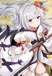  azur_lane blue_eyes eyebrows_visible_through_hair flower flute gloves hair_flower hair_ornament highres instrument japanese_clothes long_hair long_sleeves looking_at_viewer mole mole_under_eye mosta_(lo1777789) partly_fingerless_gloves ribbon-trimmed_legwear ribbon_trim shoukaku_(azur_lane) silver_hair smile solo thighhighs white_legwear wide_sleeves 