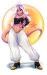  2018 absurd_res alien ambris android_21 armwear bracelet breasts clothed clothing dragon_ball dragon_ball_fighterz ear_piercing female footwear grin hair hi_res high_heels jewelry long_hair looking_at_viewer majin majin_android_21 not_furry piercing pointy_ears red_eyes shoes simple_background smile solo white_background white_hair 