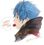  bangs blue_hair commentary_request cropped_torso dated earrings english food from_side fruit happy_birthday hood hood_down jewelry male_focus mouth_hold open_mouth original profile purple_eyes sako_(user_ndpz5754) simple_background solo strawberry upper_body white_background 