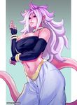  android_21 arm_warmers baggy_pants bare_shoulders black_sclera bracelet breasts choker cleavage dragon_ball dragon_ball_fighterz ear_piercing earrings harem_pants hoop_earrings jewelry large_breasts looking_at_viewer majin_android_21 midriff navel pants parted_lips piercing pink_skin pointy_ears red_eyes rejean_dubois solo stomach strapless tail tubetop twitter_username white_hair 