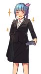 :3 :d alternate_costume alternate_hairstyle bangs black_jacket black_skirt blue_hair blush book collared_shirt commentary eyebrows_visible_through_hair fangs formal hair_ornament holding i-19_(kantai_collection) jacket kantai_collection long_hair long_sleeves looking_at_viewer office_lady open_mouth pencil_skirt ponytail red_eyes satsuki_neko shirt simple_background sketch skirt skirt_suit smile solo sparkle standing suit white_background wing_collar 