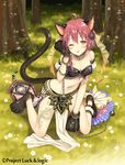  ;p ahoge animal_ears bandeau bangs bare_shoulders blush brown_eyes cat_ears cat_girl cat_tail chain character_request closed_mouth collarbone day eyebrows_visible_through_hair forest full_body grass hair_between_eyes hina_logi_-_from_luck_&amp;_logic kneeling looking_at_viewer nature navel official_art on_grass one_eye_closed outdoors paws pelvic_curtain puffy_short_sleeves puffy_sleeves red_hair short_hair short_sleeves smile solo spike_ball tail tongue tongue_out tree yuuki_rika 