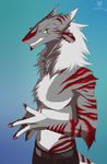  2016 4_fingers anthro belt clothed clothing egsaku fur green_eyes grey_fur grin looking_at_viewer male multicolored_fur neck_tuft pants red_fur red_stripes sergal sharp_teeth side_view simple_background slit_pupils smile solo standing stripes teeth topless tuft white_fur 
