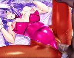  1boy 1girl bed blue_eyes blush bodysuit braid breasts censored choujigen_game_neptune clothed_sex covered_navel cum dark-skinned_male dark_skin elbow_gloves erect_nipples female gloves hair_ornament hetero interracial long_hair male navel neptune_(choujigen_game_neptune) nipples nyamota_(noraneko_koubou) on_back open_mouth penis pov purple_hair purple_heart pussy pussy_juice sex shiny shiny_clothes shiny_hair smile sweat symbol-shaped_pupils tied_hair twin_braids 