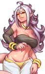  1girl absurdres ahoge android_21 artist_request baggy_pants bangle black_sclera breasts cleavage dragon_ball dragon_ball_fighterz harem_pants highres huge_filesize incredibly_absurdres large_breasts majin_android_21 midriff navel pants pink_skin pointy_ears red_eyes smile smirk solo stomach teeth tubetop very_long_hair white_hair 