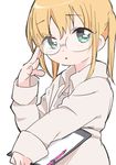  1girl blonde_hair blue_eyes character_request clipboard female glasses kaijarisuigyo short_hair simple_background solo twintails white_background 