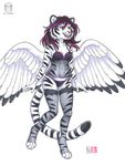  2018 amber_eyes bra clothing feline female fur kacey lingerie lynthia mammal open_mouth panties pink_nose pinup pose stripes tiger traditional_media_(artwork) underwear white_fur white_tiger wings 