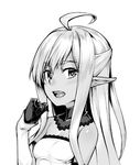  :d ahoge bare_shoulders blush detached_collar dress elf eyebrows_visible_through_hair gloves greyscale h_kasei hand_up long_hair long_sleeves looking_at_viewer monochrome open_mouth original pointy_ears simple_background sleeves_past_wrists smile solo upper_body white_background 