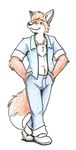  blue_pants blue_shirt canine chest_fur cirruskitfox clothed clothing fox joe_(cirruskitfox) male mammal open_shirt panting shirt traditional_media_(artwork) 