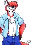  blue_pants blue_shirt canine chest_fur cirruskitfox clothed clothing fox joe_(cirruskitfox) male mammal open_shirt simple_background white_background 