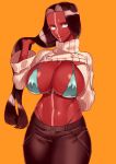  1girl bikini blue_bikini blue_eyes bodypaint breasts brown_hair cleavage clothes_lift commentary_request covered_nipples cowboy_shot curvy dark_skin fate/grand_order fate_(series) forehead genderswap genderswap_(mtf) geronimo_(fate/grand_order) hair_flip highleg highleg_bikini highres huge_breasts kbtmsboy lifted_by_self long_hair native_american navel pants ribbed_sweater skindentation solo sweater sweater_lift swimsuit swimsuit_under_clothes thick_thighs thighs turtleneck turtleneck_sweater very_long_hair yellow_background 