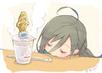  ahoge chopsticks closed_eyes colis commentary_request cup_ramen grey_hair kantai_collection kiyoshimo_(kantai_collection) long_hair sleeping solo trophy twintails twitter_username upper_body very_long_hair 