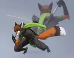  2016 5_fingers anthro belt black_nose blue_background brown_fur brown_hair canine clothed clothing digitigrade egsaku_(character) fox fully_clothed fur gloves green_eyes hair holding_object holding_weapon katanna male mammal orange_fur pose scar scarf shirt simple_background solo trouser viskasunya weapon white_fur 