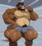  anthro beard bulge clothed clothing facial_hair guzreuef male mammal musclegut muscular muscular_male mustache mustelid otter pecs pubes solo standing topless 