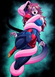  ;o android_21 arm_warmers between_breasts black_legwear blush breast_squeeze breasts breasts_apart cell_(dragon_ball) covered_navel covered_nipples defeat dragon_ball dragon_ball_fighterz dragon_ball_z dress full_body glasses hamon_ai high_heels large_breasts long_hair looking_at_viewer nail_polish one_eye_closed open_mouth saliva saliva_trail sleeveless sleeveless_dress tears vore 