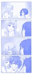  2girls 4koma absurdres after_sex blue breath comic commentary darling_in_the_franxx empty_eyes eye_contact heavy_breathing hetero hickey highres hiro_(darling_in_the_franxx) horns ichigo_(darling_in_the_franxx) licking looking_at_another moaning monochrome multiple_girls netorare nude open_mouth saliva short_hair sweat tears tongue tongue_out viperxtr zero_two_(darling_in_the_franxx) 