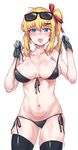  :d aningay areola_slip areolae ass_visible_through_thighs bare_shoulders bikini black_bikini black_legwear blonde_hair blue_eyes blush breasts collarbone cowboy_shot eyebrows_visible_through_hair eyewear_on_head front-tie_bikini front-tie_top girls_frontline gloves grey_gloves hair_between_eyes hair_ornament hair_ribbon highres kalina_(girls_frontline) looking_at_viewer navel open_mouth ribbon side-tie_bikini side_ponytail sidelocks smile solo swimsuit thighhighs untied untied_bikini x_hair_ornament 