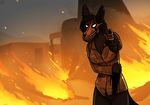  anthro black_fur blood breasts canine clothed clothing female fire fur gun hair handgun holding_object holding_weapon kea_(artist) looking_at_viewer mammal monster pistol ranged_weapon scp-1471 scp_foundation skull solo teeth weapon 