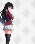  black_hair black_legwear crossed_arms from_side grey_hair hair_ribbon highres horikita_suzune jacket long_hair looking_at_viewer miniskirt morita_kazuaki official_art pleated_skirt red_eyes red_jacket ribbon school_uniform skirt solo standing thighhighs very_long_hair white_ribbon white_skirt youkoso_jitsuryoku_shijou_shugi_no_kyoushitsu_e zettai_ryouiki 