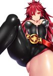  asymmetrical_legwear bare_legs belt biker_clothes bikesuit black_clothes black_legwear bodysuit breasts cameltoe closed_mouth commentary covered_nipples dutch_angle elesis_(elsword) elsword english_commentary eyebrows_visible_through_hair eyes_visible_through_hair fi-san flame_lord_(elsword) full-length_zipper glowing hair_between_eyes high_collar highres impossible_clothes jewelry knee_up long_hair looking_at_viewer looking_down loose_belt medium_breasts pendant red_eyes red_hair shiny shiny_clothes simple_background skin_tight smile solo zipper 