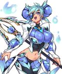  armor blush breasts commentary_request dark_skin eyepatch highres huge_breasts long_hair looking_at_viewer midriff mikumari_(xenoblade) navel negresco open_mouth pauldrons polearm purple_eyes simple_background smile solo teeth vambraces weapon white_background xenoblade_(series) xenoblade_2 