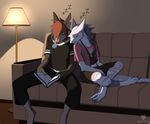  2018 4_toes 5_fingers ambiguous_gender anthro blue_fur book brown_fur brown_nose canine chair clothing duo egsaku eyes_closed fox fur grey_fur hair holding_object lamp male mammal orange_hair pants reading sergal shirt shorts sitting sleeping snout sofa sound_effects toes white_fur zzz 