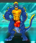  2018 4_toes 5_fingers abs anthro biceps blue_skin bulge clothed clothing digitigrade glowing glowing_eyes grin hand_on_thigh hi_res hungothenomster looking_at_viewer male marine monster multicolored_skin muscular muscular_male nipples penis_outline pose sharp_teeth smile solo standing teeth tight_underwear toes topless two_tone_skin underwear water yellow_skin 