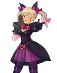  ;3 ;d alternate_costume argyle argyle_legwear black_cat_d.va black_hair blonde_hair bow bowtie commentary cowboy_shot d.va_(overwatch) dress earrings eyebrows_visible_through_hair fang gun hair_bow heart heart_earrings jewelry long_hair one_eye_closed open_mouth overwatch pantyhose pink_eyes pointing pointing_at_viewer puffy_short_sleeves puffy_sleeves short_sleeves simple_background smile solo sookmo twintails weapon whisker_markings white_background 