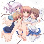  album_cover barefoot blue_eyes brown_eyes collarbone cover everyone feet green_eyes ichinose_hana looking_at_viewer momochi_tamate multiple_girls official_art pleated_skirt purple_eyes ribbon school_uniform sengoku_kamuri serafuku skirt slow_start soles thighs tokura_eiko 