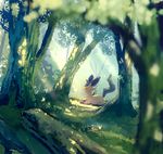  commentary_request dappled_sunlight day forest from_side gen_4_pokemon grass leafeon light_rays manino_(mofuritaionaka) nature no_humans open_mouth outdoors partial_commentary pokemon pokemon_(creature) scenery sitting solo sunlight tree yawning 