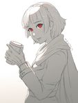  blush braid coffee coffee_mug crown_braid cup gloves greyscale koyorin looking_at_viewer monochrome mug niijima_makoto persona persona_5 red_eyes short_hair solo 