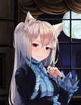 animal_ear_fluff animal_ears bangs breast_hold breasts cat_ears choker city curtains dress full_moon hair_between_eyes indoors large_breasts long_hair looking_at_viewer moon natori_youkai night nora_cat nora_cat_channel red_eyes smile solo two_side_up very_long_hair white_hair window wristband 