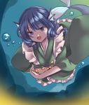  :d blue_eyes blue_hair bubble commentary drill_hair gold head_fins heart highres japanese_clothes kimono mermaid monster_girl open_mouth smile solo swimming touhou underwater wakasagihime yururi_nano 
