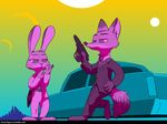  2016 anthro belt canine car cigarette clothed clothing dipstick_ears dipstick_tail disney duo fanartiguess female fox gun half-closed_eyes handgun holding_object holding_weapon holster judy_hopps lagomorph leaning leaning_back male mammal match multicolored_tail necktie nick_wilde pistol rabbit ranged_weapon smoking standing suit sun url vehicle weapon zootopia 
