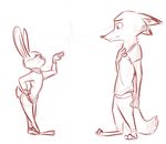  2018 anthro barefoot canine clothed clothing disney duo eye_contact eyewear female fox gesture glasses hand_on_chest hand_on_hip ittybittykittytittys lagomorph male mammal monochrome nick_wilde pointing rabbit red_and_white simple_background sketch sweater violet_hopps_(zootopia) white_background zootopia 