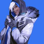  adjusting_clothes ana_(overwatch) black_gloves blue blue_background brown_eyes closed_mouth coat eyepatch facial_tattoo fur-trimmed_coat fur_trim gloves hood hood_down hood_up hooded_coat lips long_hair long_sleeves looking_at_viewer old_woman one_eye_covered open_clothes open_coat overwatch silver_hair simple_background smile solo sukja tattoo underwear upper_body white_coat winter_clothes winter_coat 