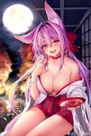  :d ahoge animal_ears artist_name bare_shoulders blush breasts bright_pupils choker cleavage cup eyebrows_visible_through_hair fangs fingernails full_moon hair_between_eyes hair_intakes hakama_skirt hand_to_own_mouth highres japanese_clothes large_breasts long_fingernails long_hair miko moon night night_sky obiwan open_mouth original outdoors pink_eyes pink_hair ribbon-trimmed_sleeves ribbon_trim sakazuki sky smile solo tail very_long_hair watermark weibo_username wide_sleeves 