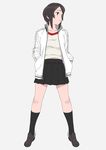  black_hair black_legwear black_skirt full_body grey_background grey_eyes gym_shirt hands_in_pockets hayasui_(kantai_collection) jacket kantai_collection loafers looking_to_the_side ojipon pleated_skirt shirt shoes short_hair simple_background skirt solo standing track_jacket 