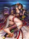  1girl bare_shoulders barefoot bracelet breasts brown_eyes brown_hair chinese_clothes consort_tang daisenran!!_sangokushi_battle detached_sleeves earrings feet frills full_body garters hair_ornament legs looking_at_viewer lying medium_breasts noeldon purple_dress ribbon rope side_boob soles solo sword toes twintails very_long_hair 