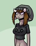  :3 beanie clothed clothing female hair hat horn limebreaker no_pupils smile solo standing unknown_species wide_hips 