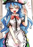  black_hat blue_hair blue_skirt blush buttons center_frills closed_eyes door facing_viewer fifiruu food fruit hand_up hat hinanawi_tenshi long_hair open_mouth peach puffy_short_sleeves puffy_sleeves red_neckwear shirt short_sleeves skirt smile solo touhou waving white_shirt 