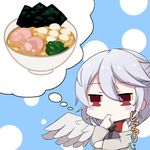  ahoge blush_stickers braid breasts drooling finger_to_mouth food kishin_sagume kuroki_horse noodles ramen red_eyes simple_background solo tied_hair touhou white_hair 