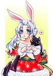  :o animal_ears bangs bare_shoulders black_cat blade_&amp;_soul blue_eyes blush bunny_ears cat commentary_request double_bun dress english_commentary fur_trim hair_bun hair_pulled_back heart heart_hands long_hair looking_at_viewer lyn_(blade_&amp;_soul) mistletoe obi open_mouth osiimi parted_bangs print_dress red_dress red_skirt ribbon sash simple_background skirt smile snowflake_print solo speech_bubble spoken_heart two_side_up upper_teeth white_hair yellow_background 