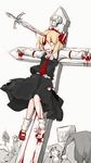  black_skirt blonde_hair blood blood_on_face bolos commentary cross crucifixion death english full_body guro hair_ribbon highres impaled leg_warmers long_sleeves multiple_boys nail necktie outstretched_arms red_eyes red_footwear red_neckwear red_ribbon ribbon rumia shoes sign simple_background single_shoe skirt skirt_set skull solo_focus sword torn_clothes torn_skirt touhou vest weapon white_background white_legwear 
