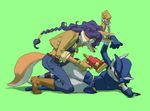  angry anthro black_nose blue_hair boots canine carmelita_fox clothing duo female footwear fox gloves gun hair handcuffed handgun long_hair male mammal mask nemurism procyonid raccoon ranged_weapon sly_cooper sly_cooper_(series) video_games weapon 