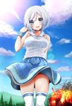  absurdres antenna_hair bare_shoulders blue_eyes blue_skirt breasts cloud collared_shirt day dennou_shoujo_youtuber_shiro ex_idol explosion eyebrows_visible_through_hair highres large_breasts lens_flare looking_at_viewer open_mouth outdoors shiro_(dennou_shoujo_youtuber_shiro) shirt short_hair silver_hair skirt skirt_lift sky sleeveless sleeveless_shirt smile solo thighhighs virtual_youtuber white_legwear wind wind_lift 
