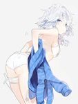  :&lt; ass bangs bare_arms bare_shoulders bikini blue_eyes blue_jacket bow braid breasts from_side grey_background hair_bow holster izayoi_sakuya jacket knife leaning_forward looking_at_viewer maid_headdress nuudoru sideboob silver_hair simple_background small_breasts solo swimsuit thigh_holster touhou work_in_progress 